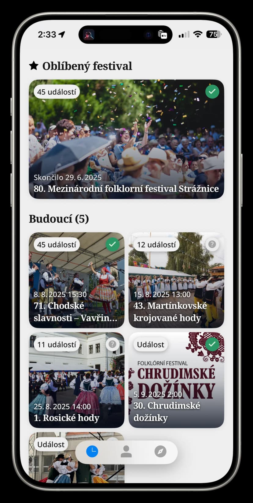 Folklore app festival schedule on a phone